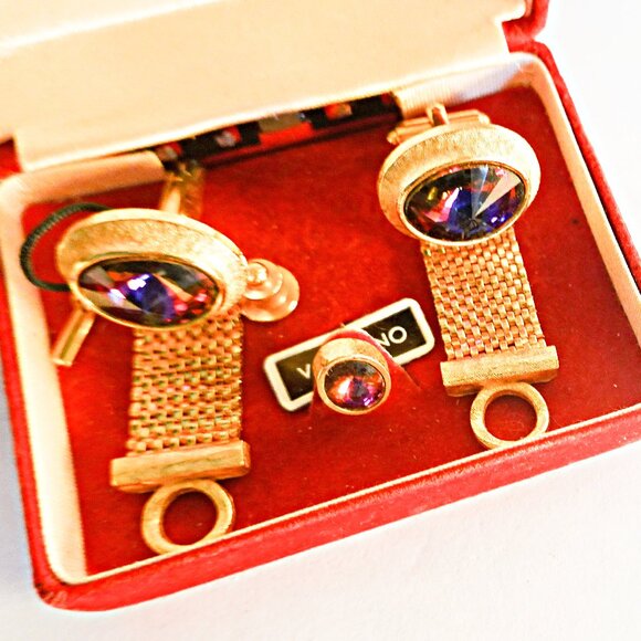 NEW In BOX VTG  MESH WRAP AROUND GOLD TONE CUFFLINKS TIE TACK  GENUINE CRYSTALS - Picture 1 of 2